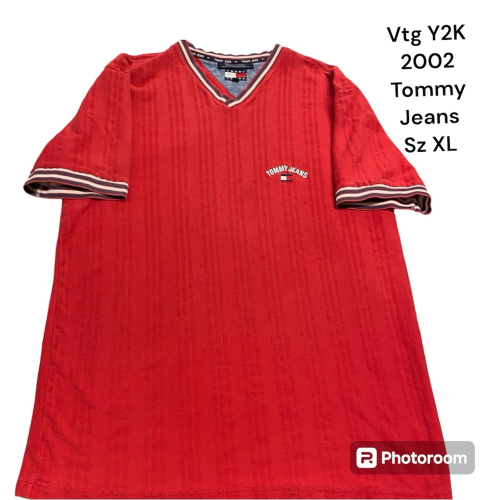 Vintage ‘02 Tommy Hilfiger Jeans Ringer V Neck T Shirt Red Size XL Y2K TH logo